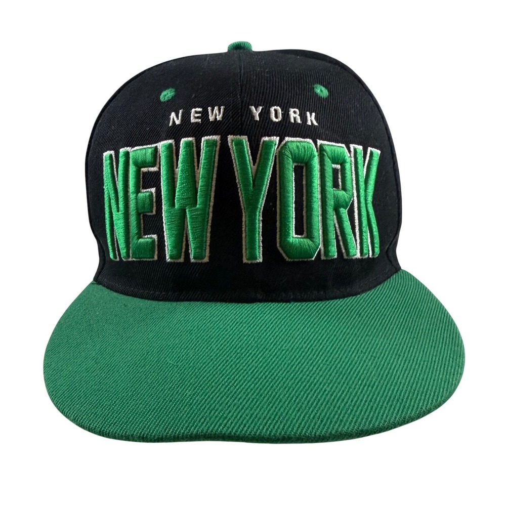 New York Snapback Hat‎ Mens OSFM Black Green T&T Embroidered Flat Brim Cap
